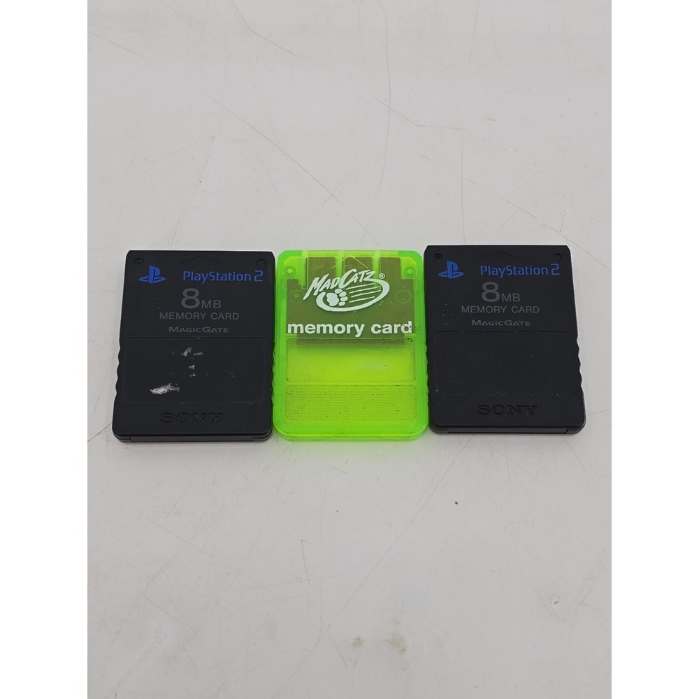 2 Official Sony PlayStation 2 8MB Memory Card - Black & 1 Green Mad Catz‎